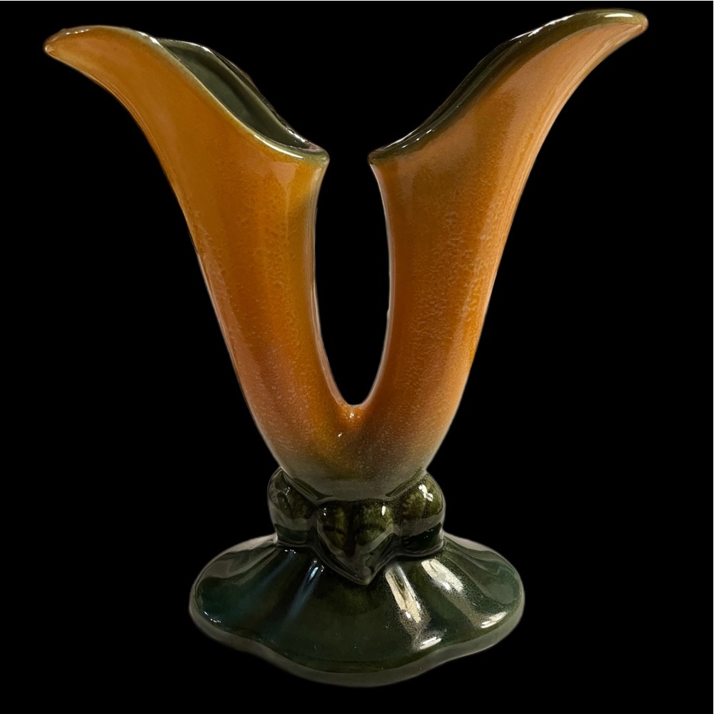 Hull Art Double Trumpet Gold and Green Vase - Vintage